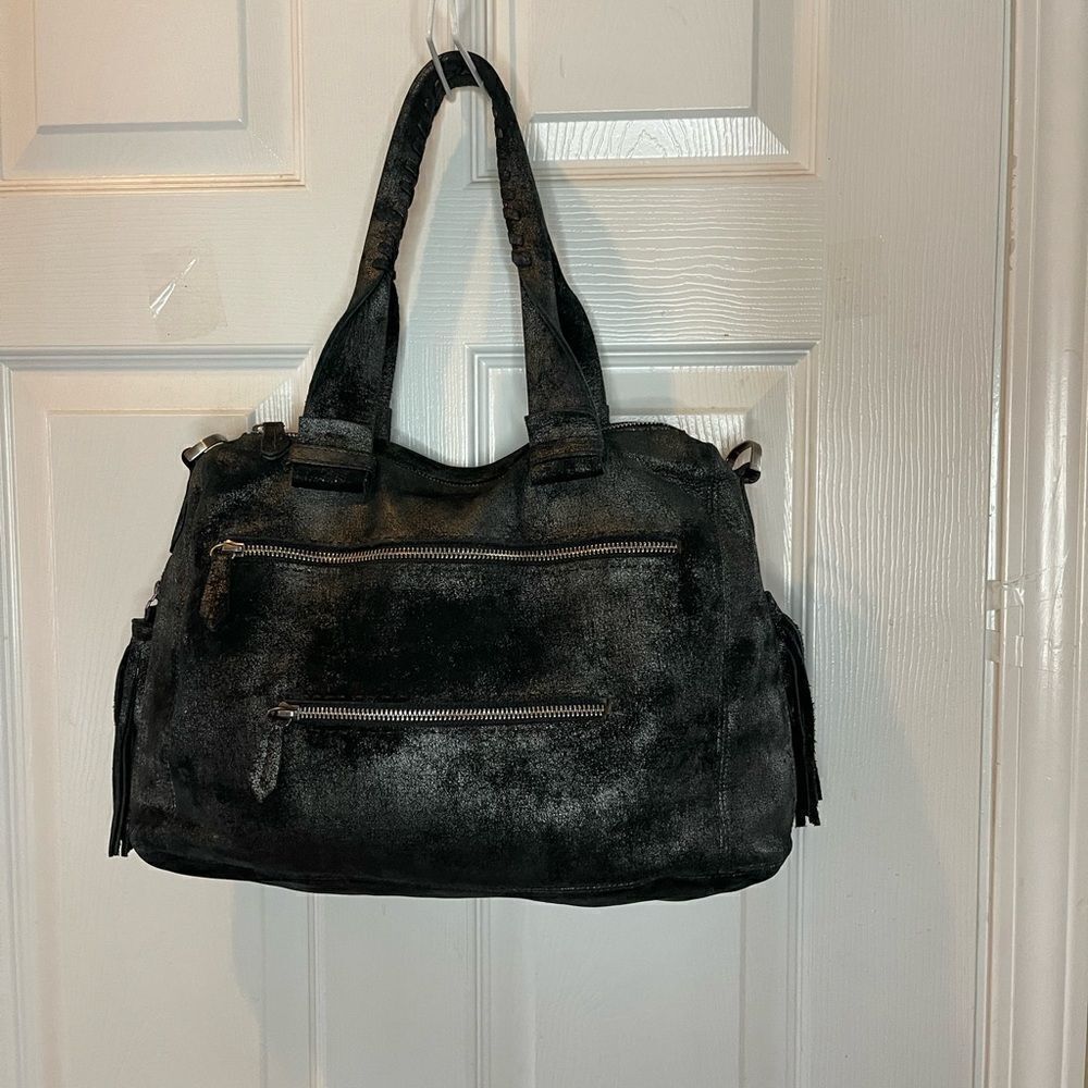 Carla Mancini black metallic silver Medium Satchel bag silver tone hardwares